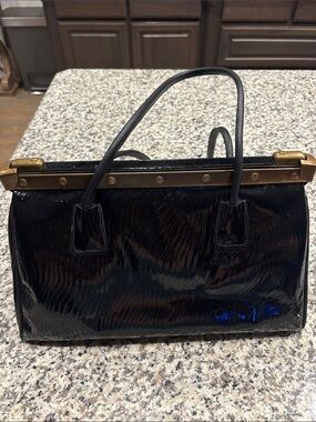 Black Patent Satchel with Brass Frame-Top Handles